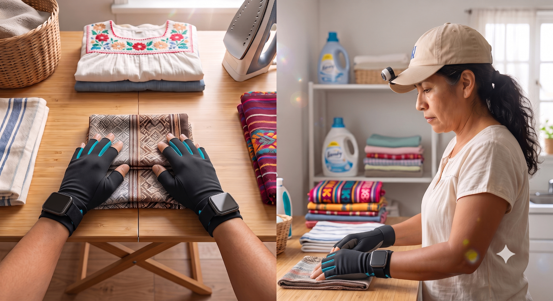 A person folding laundry while wearing the BLO LAB capture glove, one task among many across environments and body types