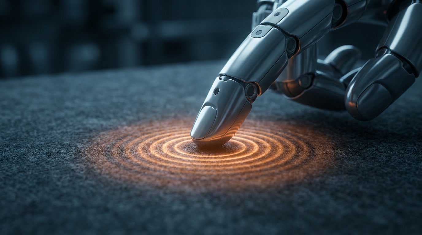 A robotic fingertip pressing a surface with a glowing concentric pressure ripple, representing contact force made visible as light.